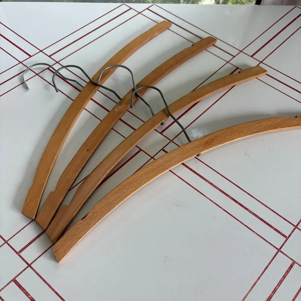 Vintage Set of 4 Curved Wooden Clothes Hangers Mid Century